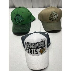 3 NHL Chicago Blackhawks 2015 Cup Champs, Tan And Green Blackhawks Hats